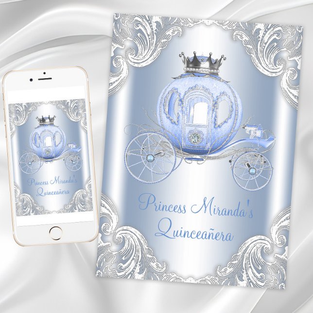Cinderella Blue Silver Princess Quinceanera Invitation