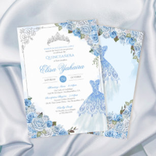 Cinderella Blue Silver Rose Princess Quinceanera  Invitation