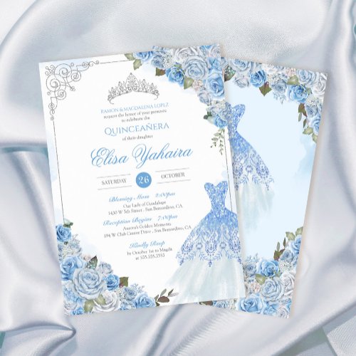 Cinderella Blue Silver Rose Princess Quinceanera  Invitation