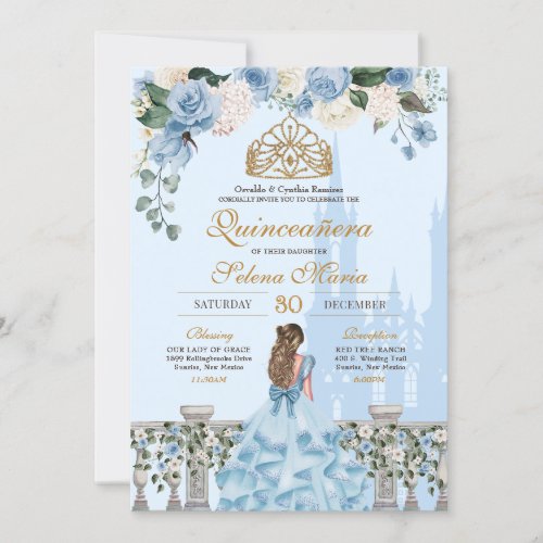 Cinderella Blue w Gold Floral Princess Quinceanera Invitation