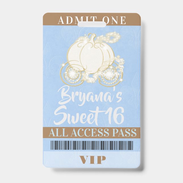 Cinderella Carriage Blue Gold Sweet 16 VIP Pass Badge (Front)