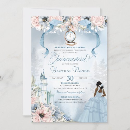 Cinderella Fairy Tale Blue Pink Floral Quinceanera Invitation