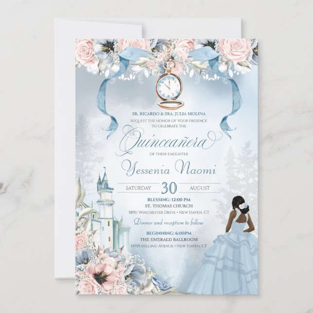 Cinderella Fairy Tale Blue Pink Floral Quinceanera Invitation (Front)