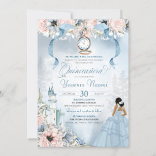 Cinderella Fairy Tale Blue Pink Floral Quinceanera Invitation