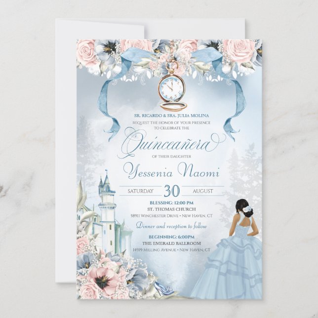 Cinderella Fairy Tale Blue Pink Floral Quinceanera Invitation (Front)