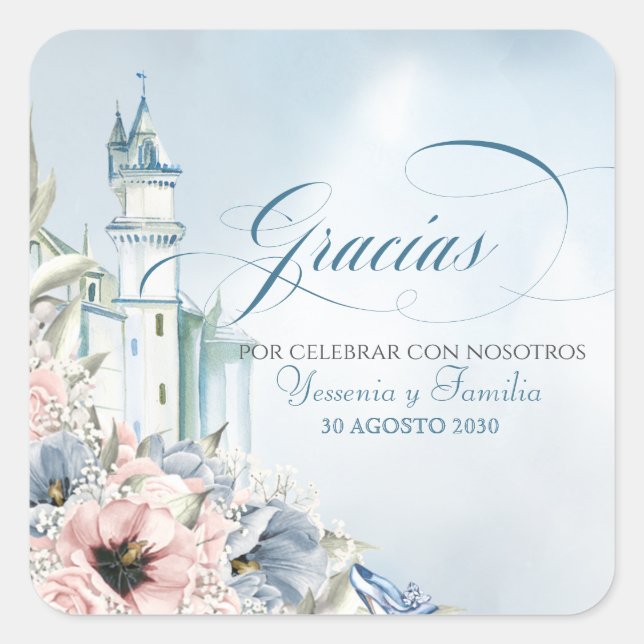Cinderella Fairy Tale Blue Pink Spanish Favor Square Sticker (Front)