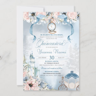 Cinderella Fairy Tale Light Blue Pink Quinceanera Invitation