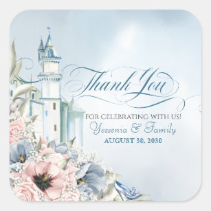 Cinderella Fairy Tale Light Blue Pink Thank You Square Sticker