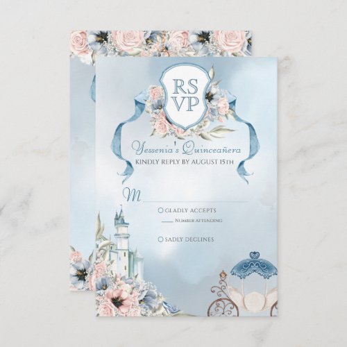Cinderella Fairytale Elegant Blue Pink Quinceanera RSVP Card