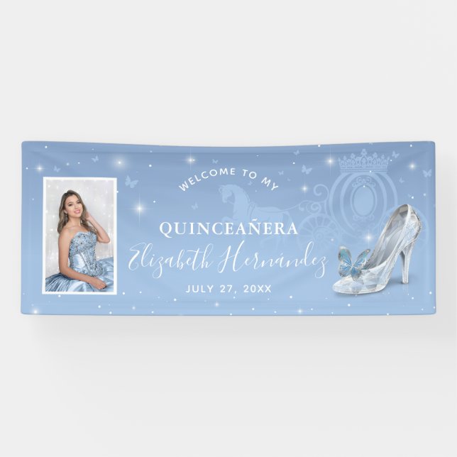 Cinderella Light Blue Quinceanera Photo Birthday Banner (Horizontal)