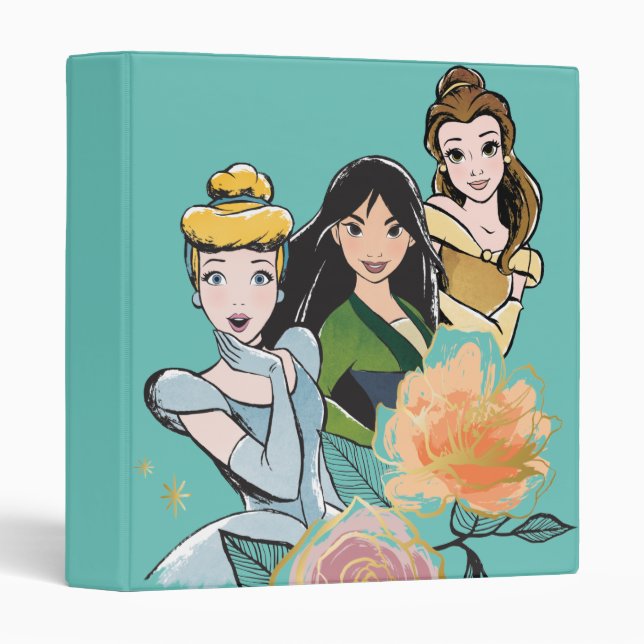 Cinderella, Mulan, & Belle Floral Illustration 3 Ring Binder (Front/Spine)