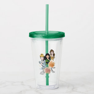 Cinderella, Mulan, & Belle Floral Illustration Acrylic Tumbler