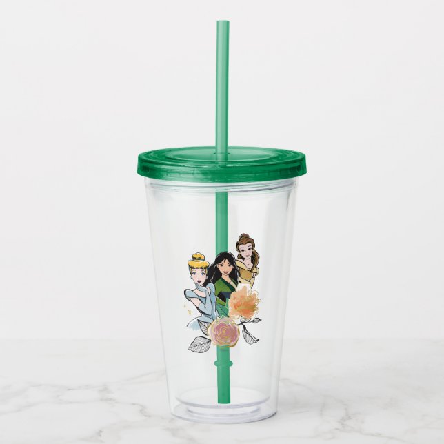 Cinderella, Mulan, & Belle Floral Illustration Acrylic Tumbler (Front)
