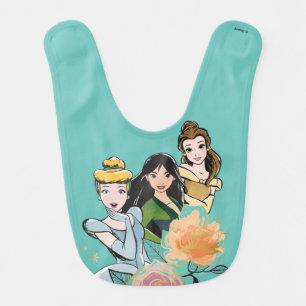 Cinderella, Mulan, & Belle Floral Illustration Baby Bib