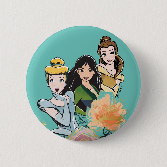 Cinderella, Mulan, & Belle Floral Illustration Button (Front)