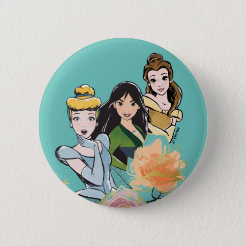 Cinderella Mulan  Belle Floral Illustration Button