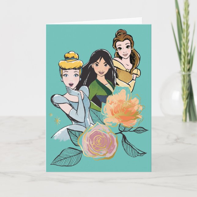 Cinderella, Mulan, & Belle Floral Illustration Card (Front)
