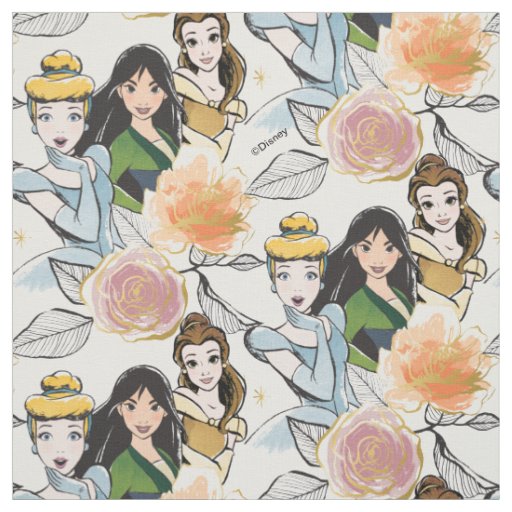 Cinderella, Mulan, & Belle Floral Illustration Fabric