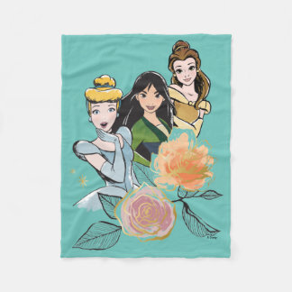Cinderella, Mulan, & Belle Floral Illustration Fleece Blanket
