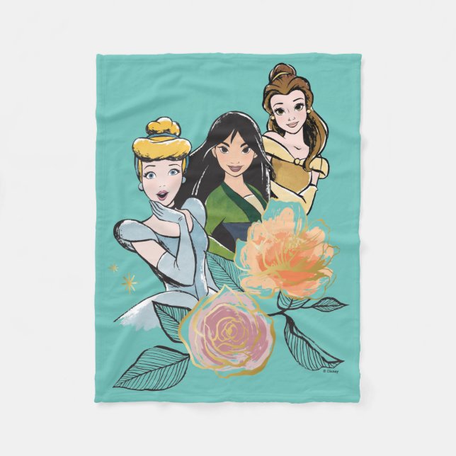 Cinderella, Mulan, & Belle Floral Illustration Fleece Blanket (Front)
