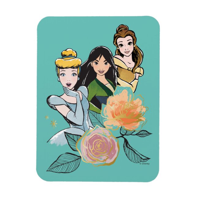 Cinderella, Mulan, & Belle Floral Illustration Magnet (Vertical)