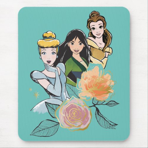 Cinderella Mulan  Belle Floral Illustration Mouse Pad