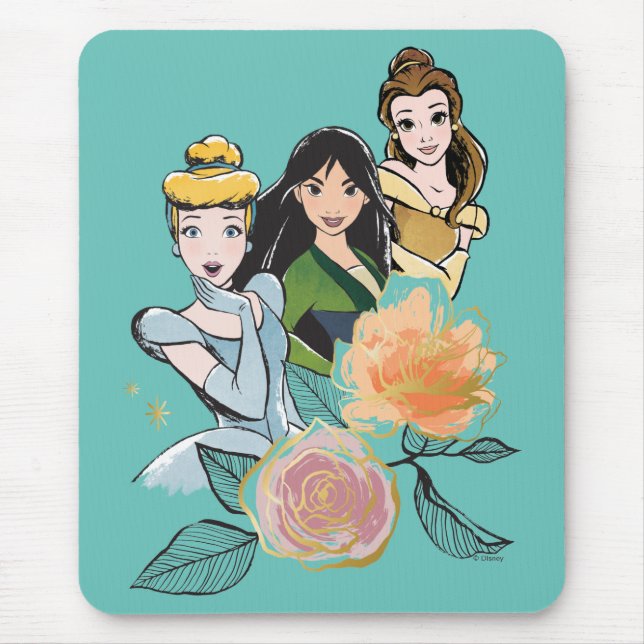 Cinderella, Mulan, & Belle Floral Illustration Mouse Pad (Front)
