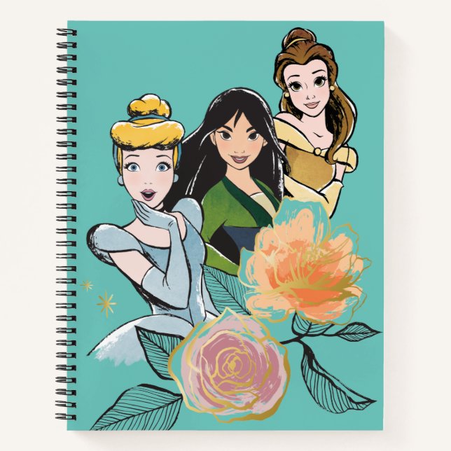 Cinderella, Mulan, & Belle Floral Illustration Notebook (Front)