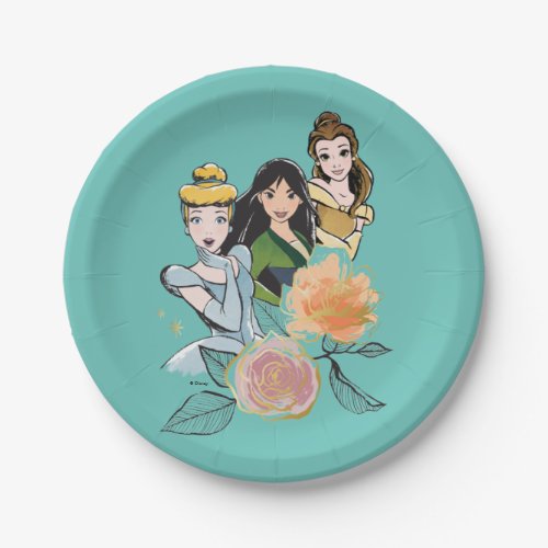 Cinderella Mulan  Belle Floral Illustration Paper Plates