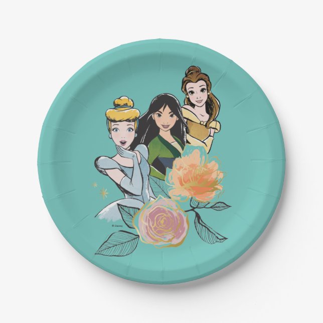 Cinderella, Mulan, & Belle Floral Illustration Paper Plates (Front)