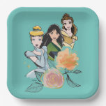 Cinderella, Mulan, &amp; Belle Floral Illustration Paper Plates