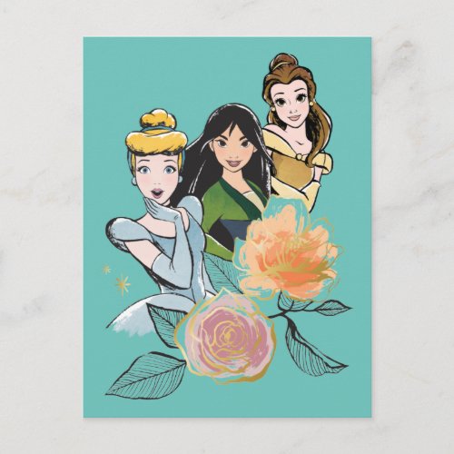 Cinderella Mulan  Belle Floral Illustration Postcard