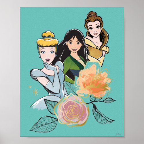 Cinderella Mulan  Belle Floral Illustration Poster