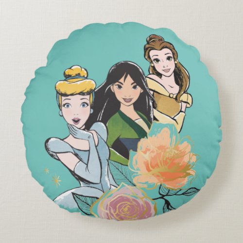 Cinderella Mulan  Belle Floral Illustration Round Pillow