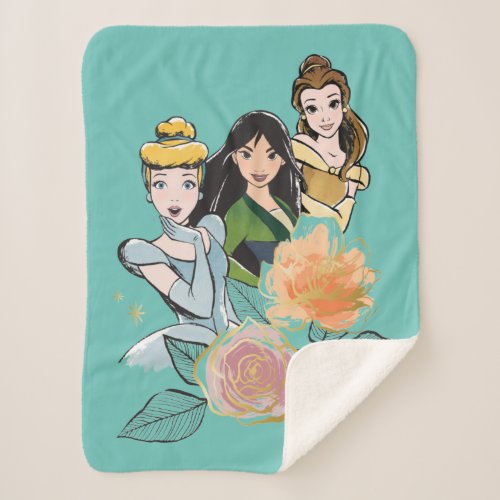 Cinderella Mulan  Belle Floral Illustration Sherpa Blanket
