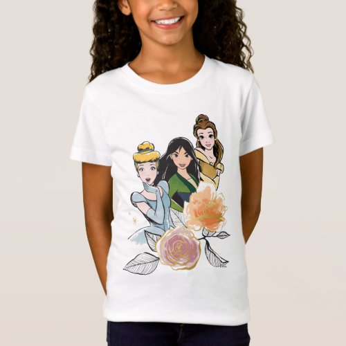 Cinderella Mulan  Belle Floral Illustration T_Shirt