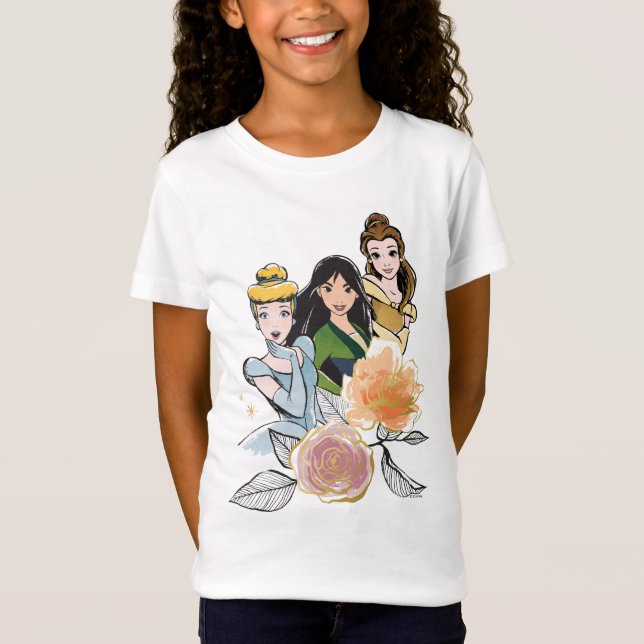 Cinderella, Mulan, & Belle Floral Illustration T-Shirt (Front)