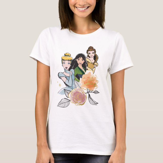 Cinderella, Mulan, & Belle Floral Illustration T-Shirt (Front)