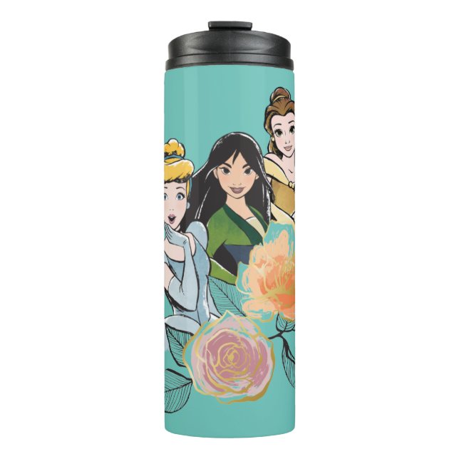 Cinderella, Mulan, & Belle Floral Illustration Thermal Tumbler (Front)