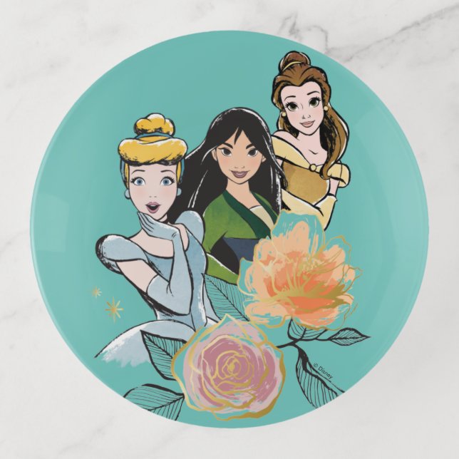 Cinderella, Mulan, & Belle Floral Illustration Trinket Tray (Front)