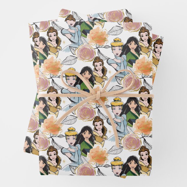 Cinderella, Mulan, & Belle Floral Illustration Wrapping Paper Sheets (In situ)