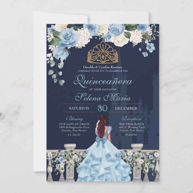Cinderella Navy Blue Floral Princess Quinceañera Invitation (Front)
