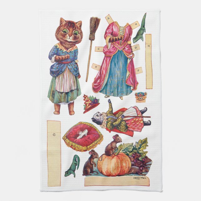 Cinderella, Paper Doll, Louis Wain Kitchen Towel (Vertical)