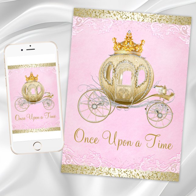 Cinderella Pink Once Upon a Time Princess Birthday Invitation (Pink gold princess birthday party invitation with gold carriage on pink gold back. Any event.)