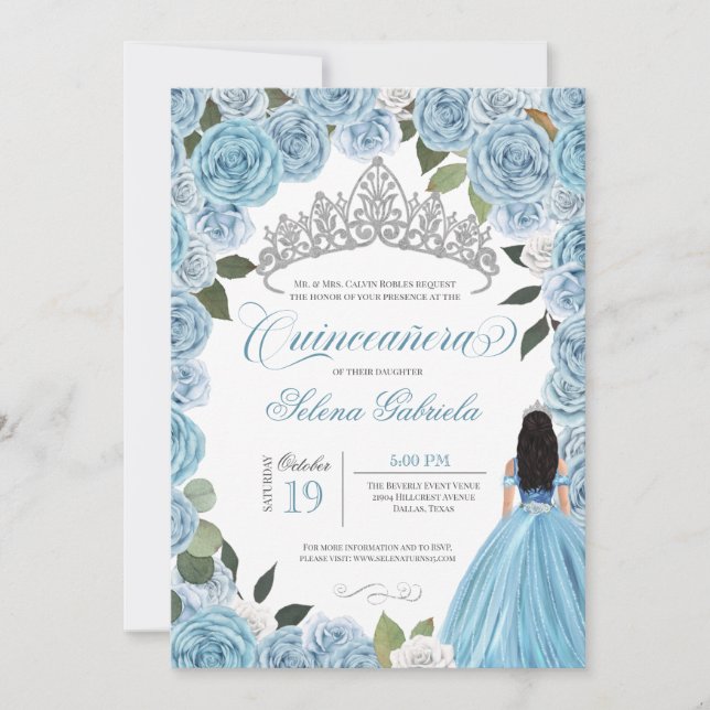 Cinderella Princess Ball Blue Roses V2 Quinceanera Invitation (Front)