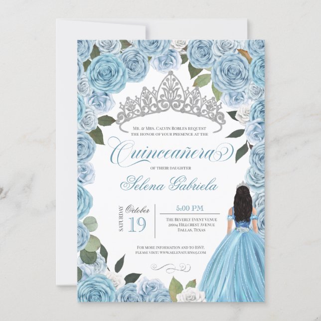 Cinderella Princess Ball Blue Roses V2 Quinceanera Invitation (Front)