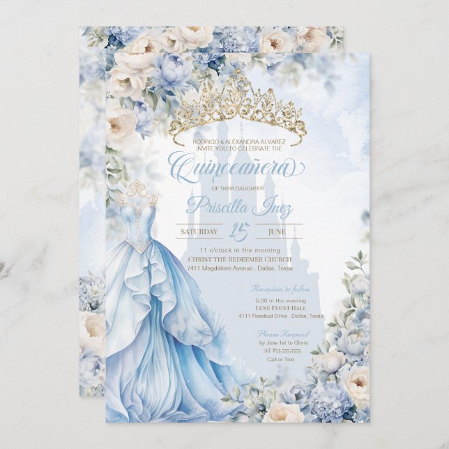 Cinderella Princess Blue Fairytale Quinceañera Invitation (Front/Back)