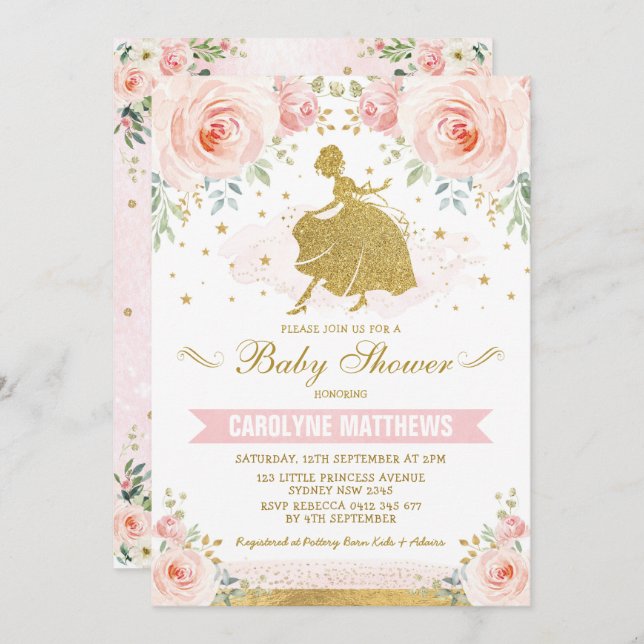 Cinderella Princess Blush Floral Girl Baby Shower Invitation (Front/Back)