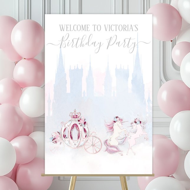 Cinderella Princess Castle Birthday Party Welcome  Foam Board (Princess welcome sign with castle, carriage and horses. Simply add your event details.)