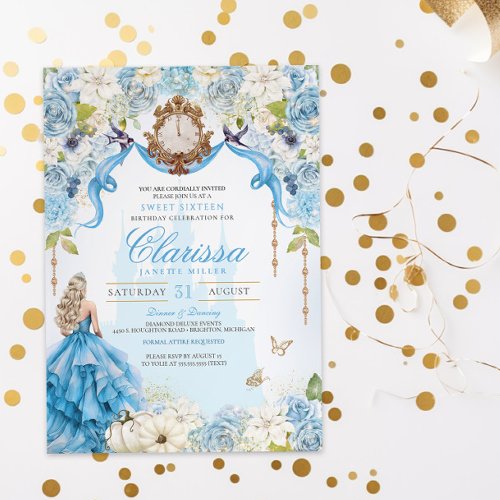 Cinderella Princess Light Blue and Gold Sweet 16 Invitation